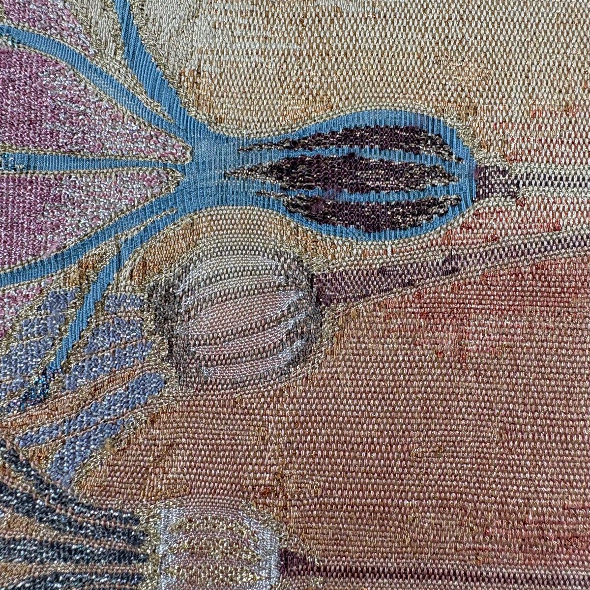 袋帯 秀品 草花 幾何学模様 金通し 箔 ベージュ お太鼓柄 正絹