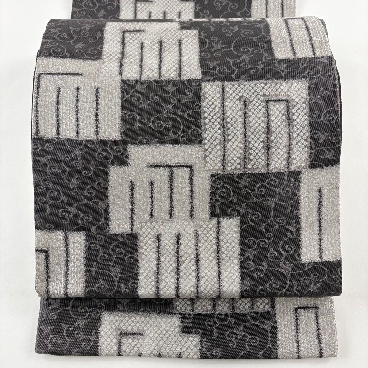 袋帯 秀品 源氏香 花唐草 銀糸 灰紫 六通 正絹