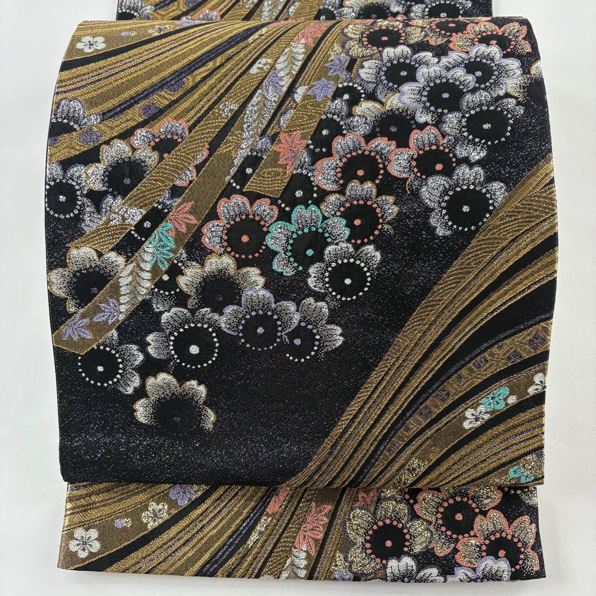 袋帯 秀品 草花 蔓帯 金糸 箔 濃紺 六通 正絹