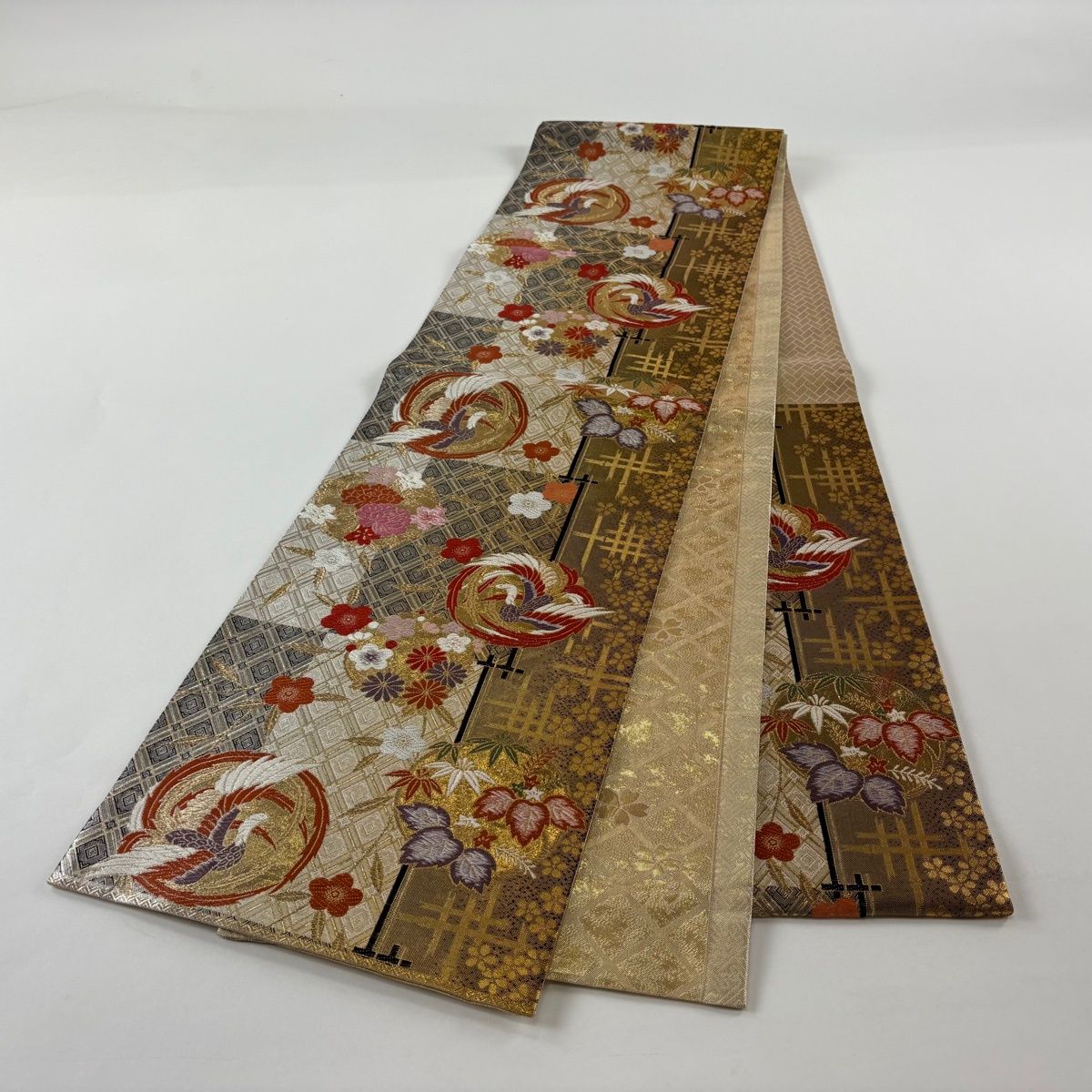  袋帯 秀品 鳥丸文 梅 金糸 箔 クリーム 六通 正絹 袋帯 帯