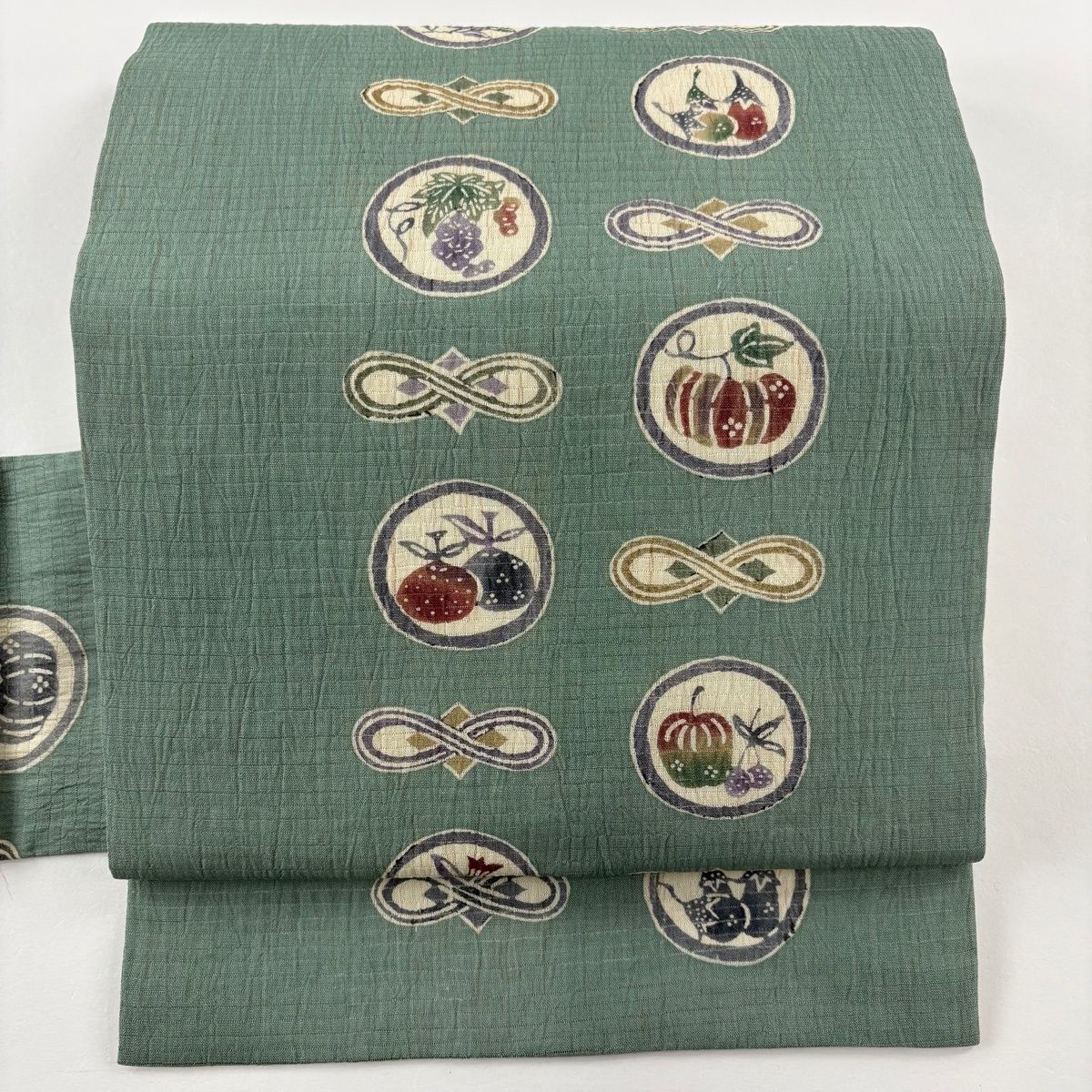 名古屋帯 秀品 生り物 丸文 紬 灰緑 正絹