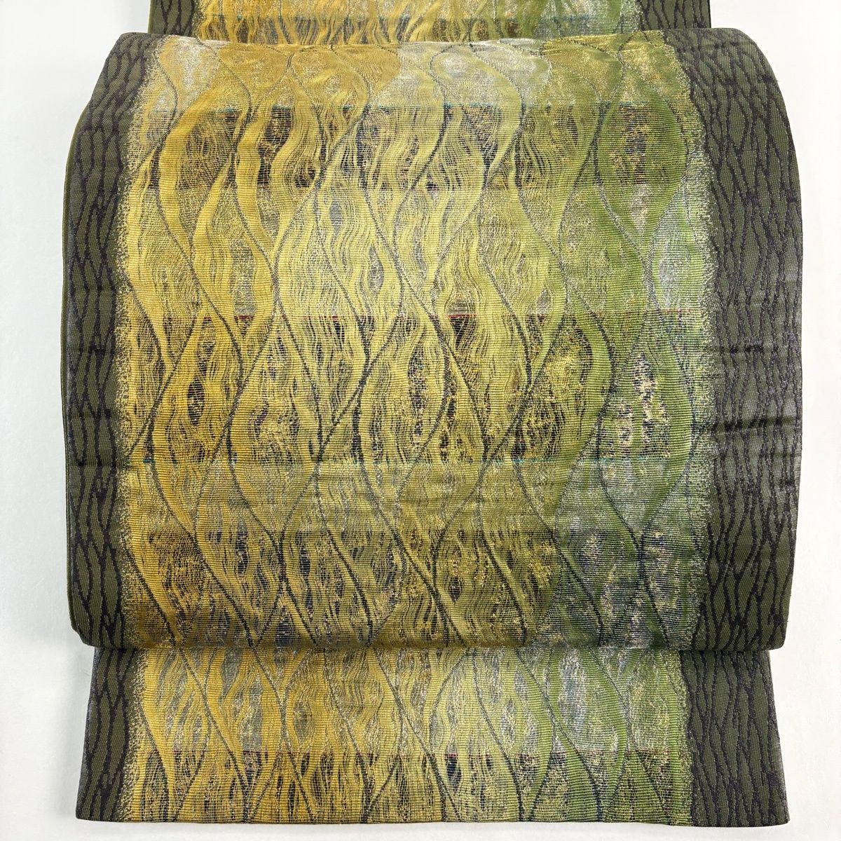 袋帯 秀品 立涌 幾何学模様 金銀糸 箔 茶緑色 六通 正絹