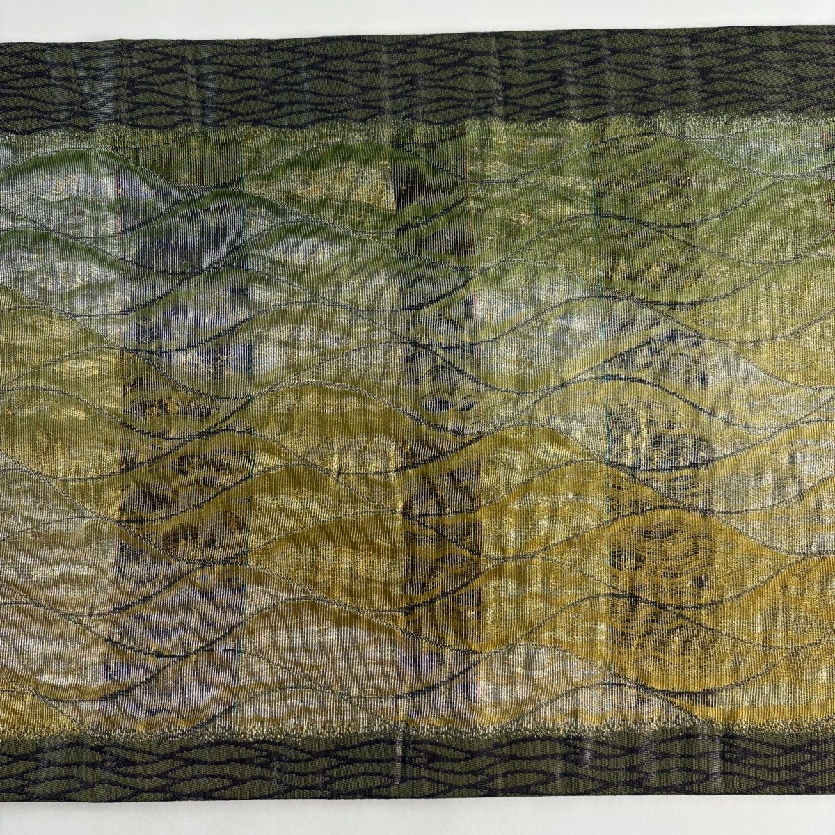  袋帯 秀品 立涌 幾何学模様 金銀糸 箔 茶緑色 六通 正絹 袋帯 帯