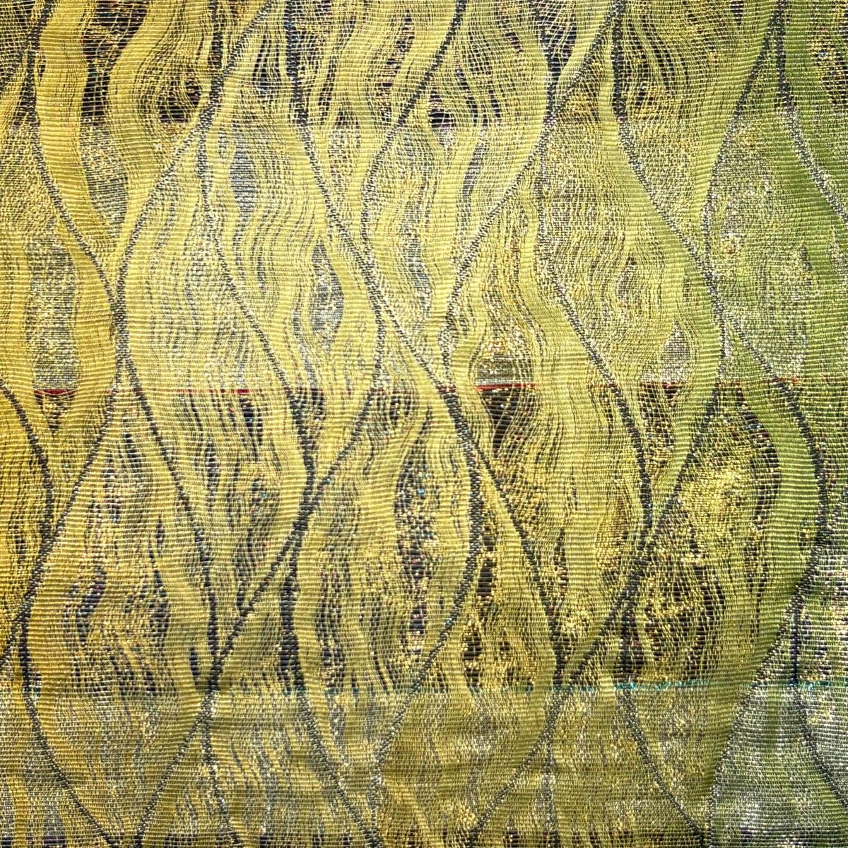 袋帯 秀品 立涌 幾何学模様 金銀糸 箔 茶緑色 六通 正絹