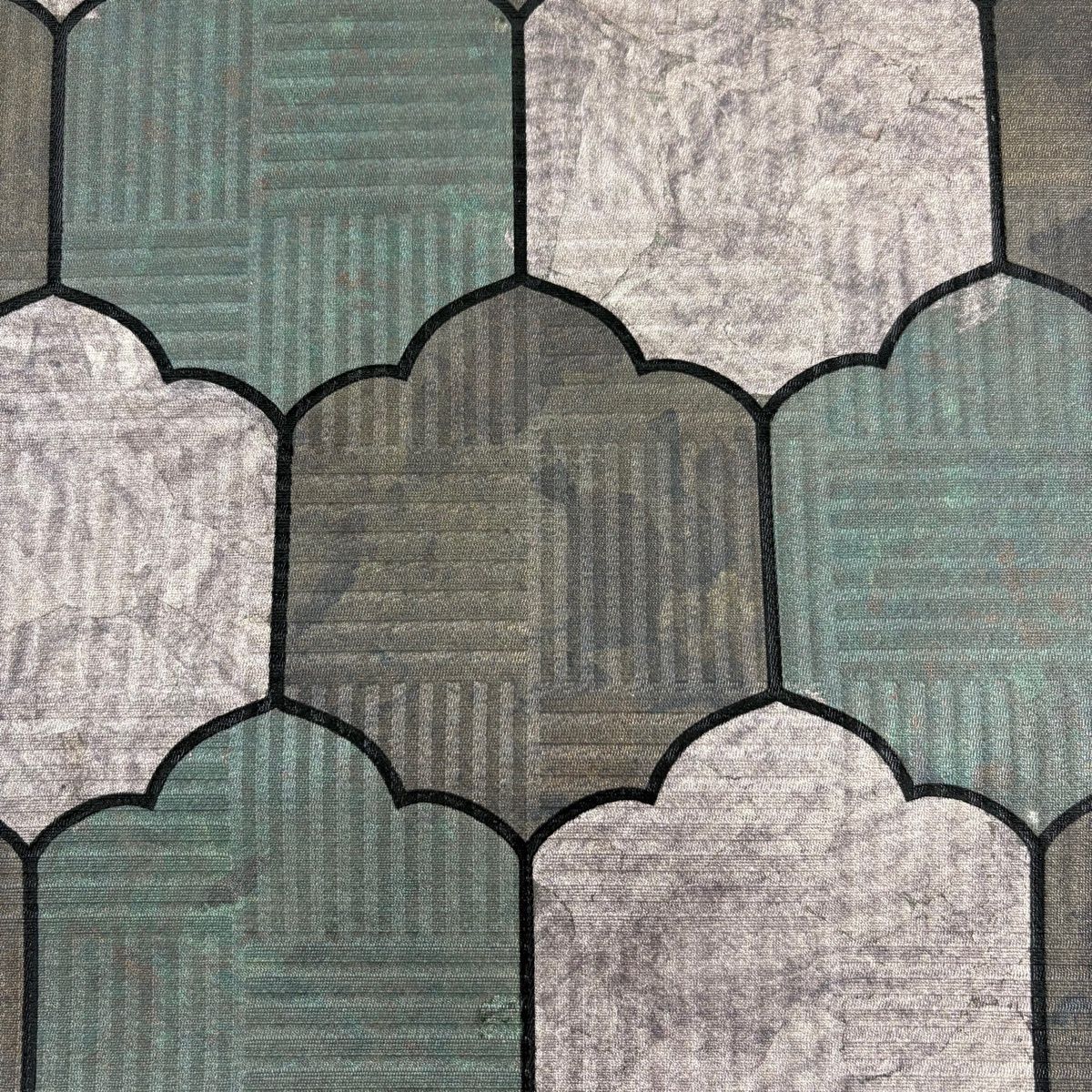 袋帯 秀品 幾何学模様 ラメ彩 灰色 お太鼓柄 正絹