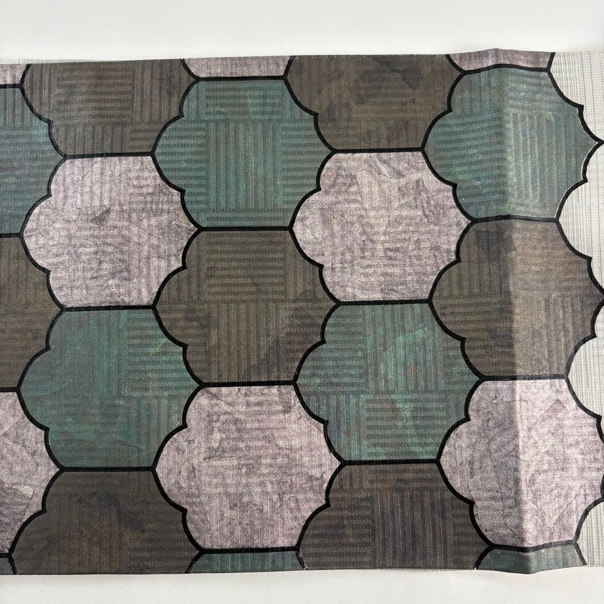  袋帯 秀品 幾何学模様 ラメ彩 灰色 お太鼓柄 正絹 袋帯 帯