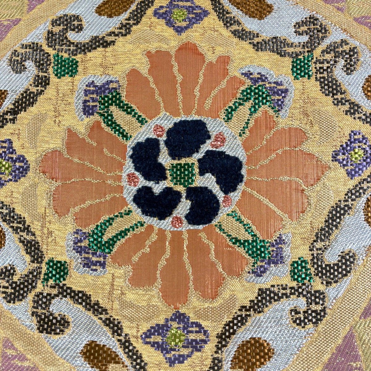 袋帯 秀品 落款 花 幾何学模様 箔 金色 六通 正絹