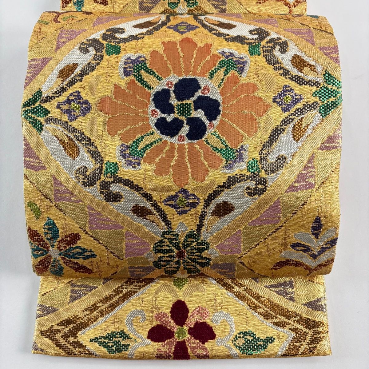 袋帯 秀品 落款 花 幾何学模様 箔 金色 六通 正絹