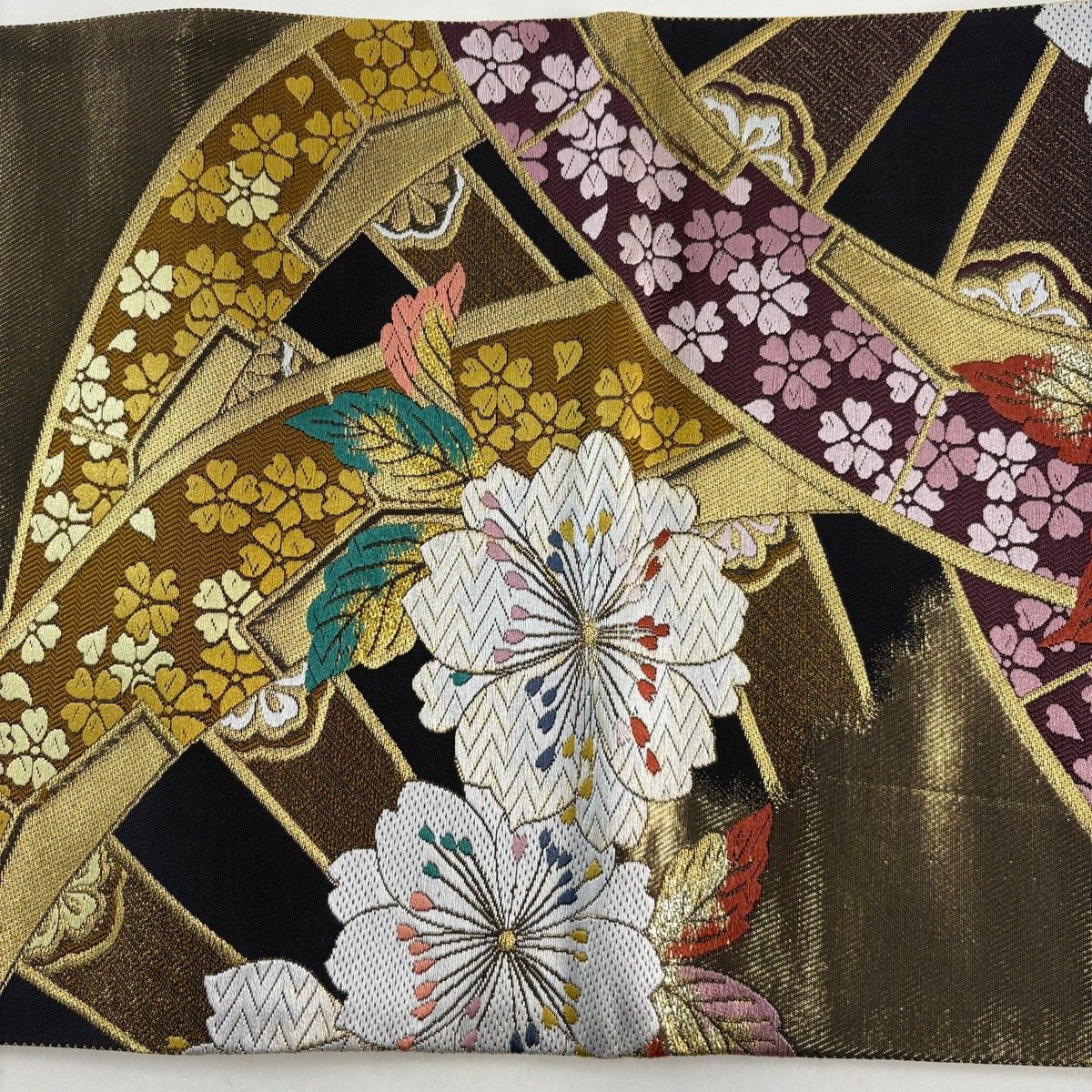  袋帯 秀品 桜 源氏車 金糸 箔 黒 六通 正絹 袋帯 帯