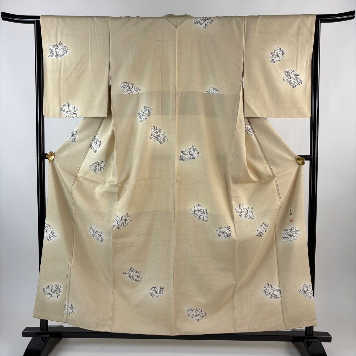 小紋 身丈158 cm 裄丈65 M 袷 馬骨子才林 紬地 落款 扇面 河童 ぼかし ベージュ 正絹
