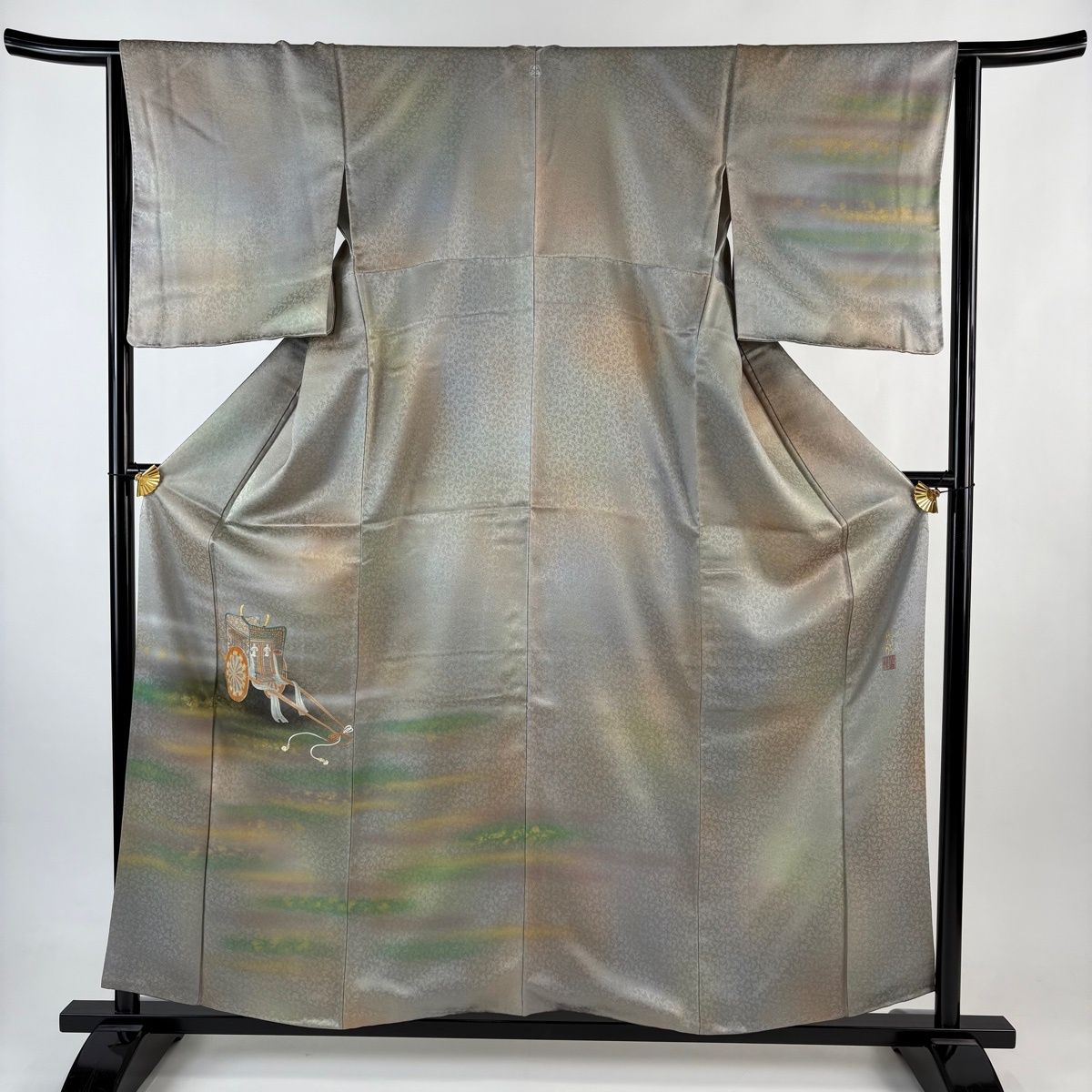 付下げ 身丈157.5 cm 裄丈65 M 袷 人間国宝 福田喜重 落款 御所車 霞 金彩 ぼかし 灰緑 正絹 一つ紋