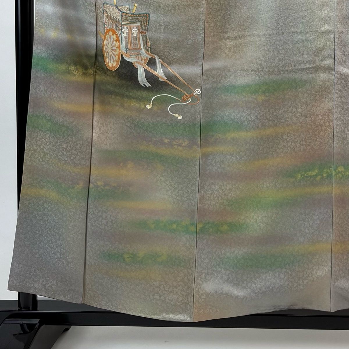 付下げ 身丈157.5 cm 裄丈65 M 袷 人間国宝 福田喜重 落款 御所車 霞 金彩 ぼかし 灰緑 正絹 一つ紋