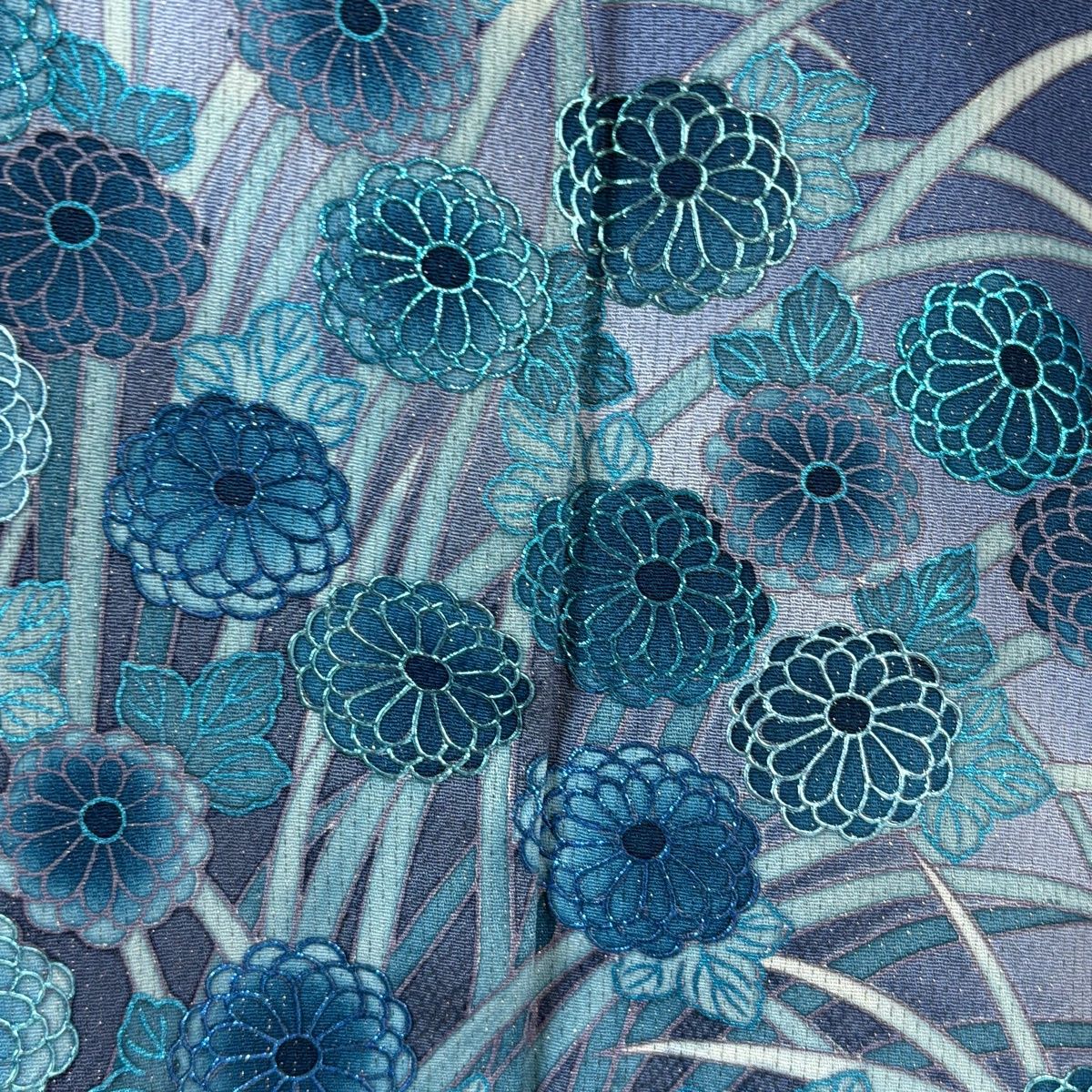  付下げ 身丈167 cm 裄丈68 L 袷 藤林徳扇 落款 菊 ラメ彩 銀通し 藍色 正絹 一つ紋 訪問着 付け下げ 着物