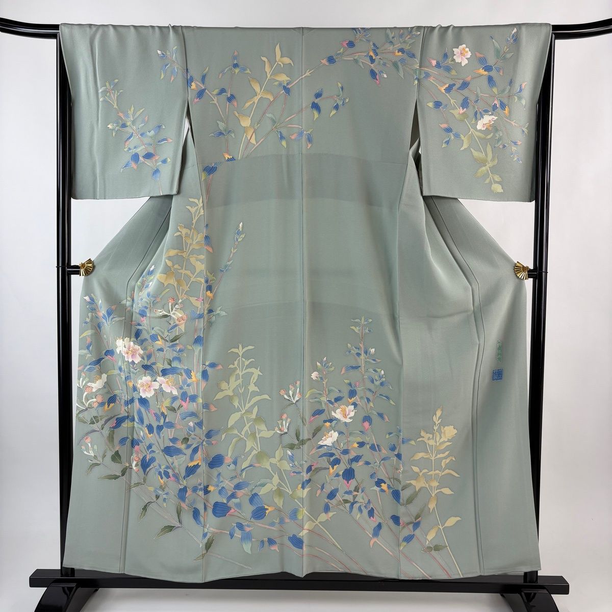 訪問着 身丈156.5 cm 裄丈66.5 M 袷 竹内銀風 落款 野牡丹 灰緑 正絹