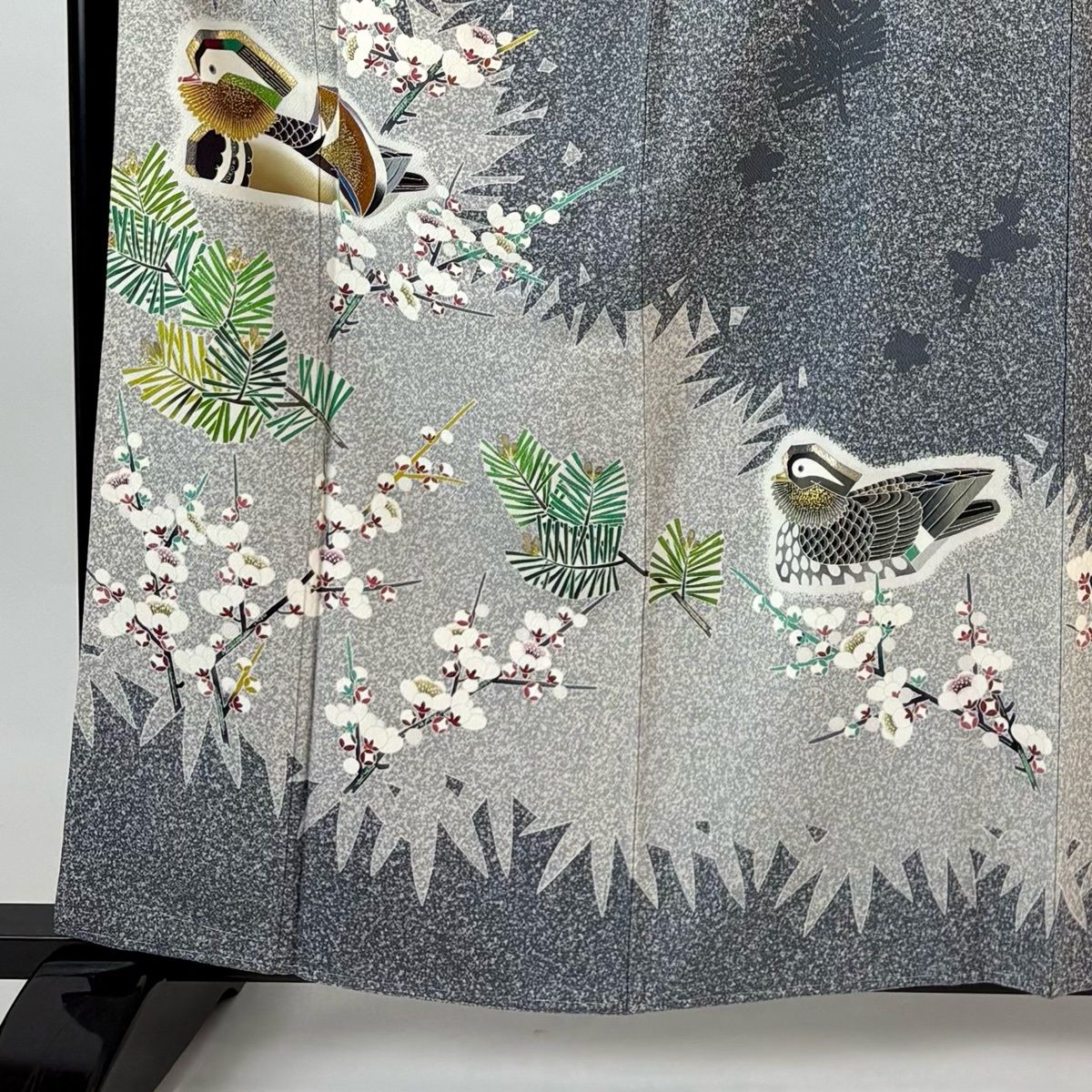 訪問着 身丈161.5 cm 裄丈64.5 M 袷 TOKIO et TOKI 落款 鴛鴦 松竹梅 金彩 灰色 正絹