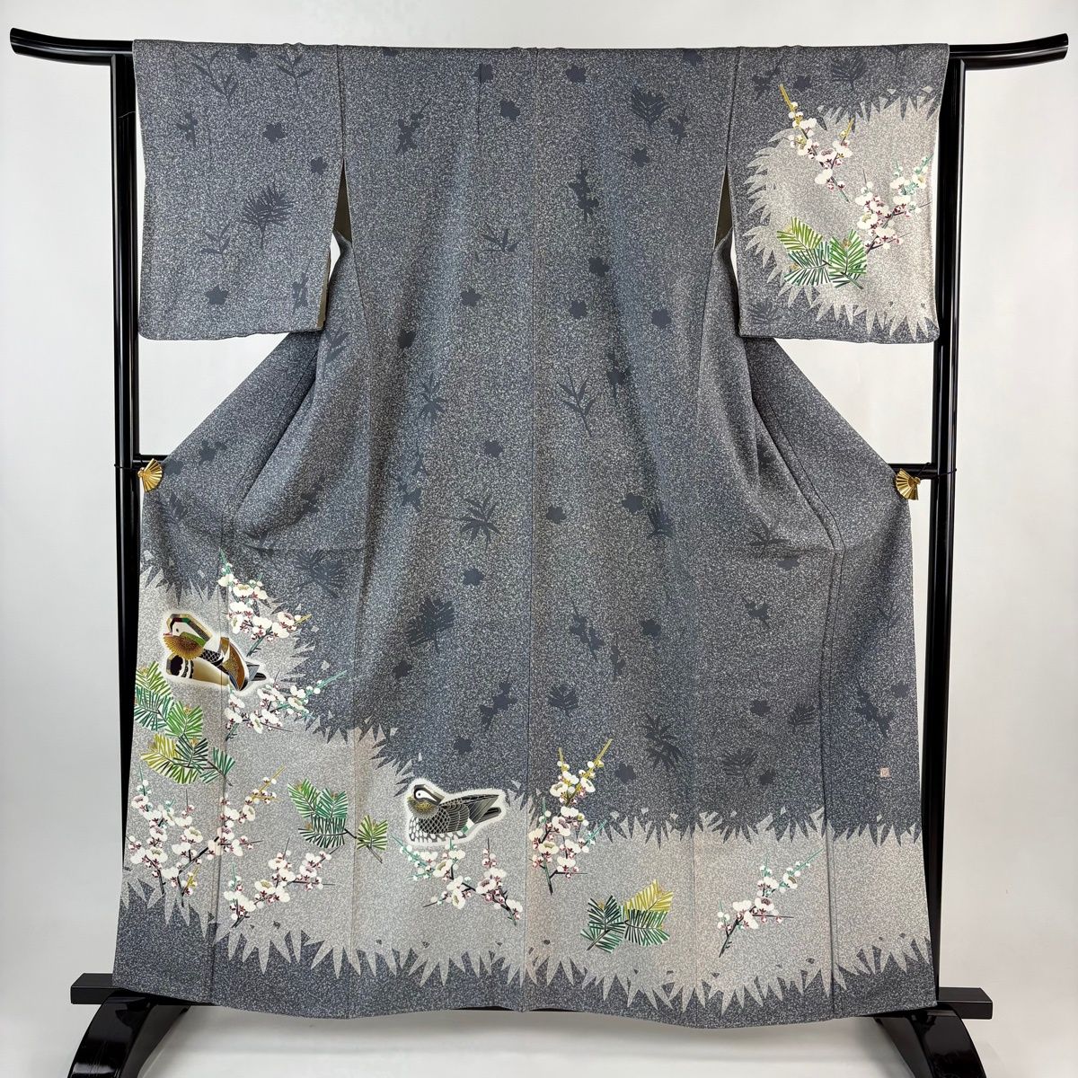 訪問着 身丈161.5 cm 裄丈64.5 M 袷 TOKIO et TOKI 落款 鴛鴦 松竹梅 金彩 灰色 正絹