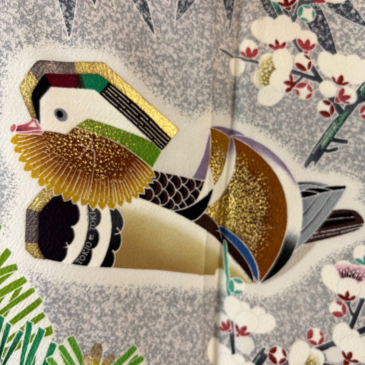  訪問着 身丈161.5 cm 裄丈64.5 M 袷 TOKIO et TOKI 落款 鴛鴦 松竹梅 金彩 灰色 正絹 訪問着 付け下げ 着物