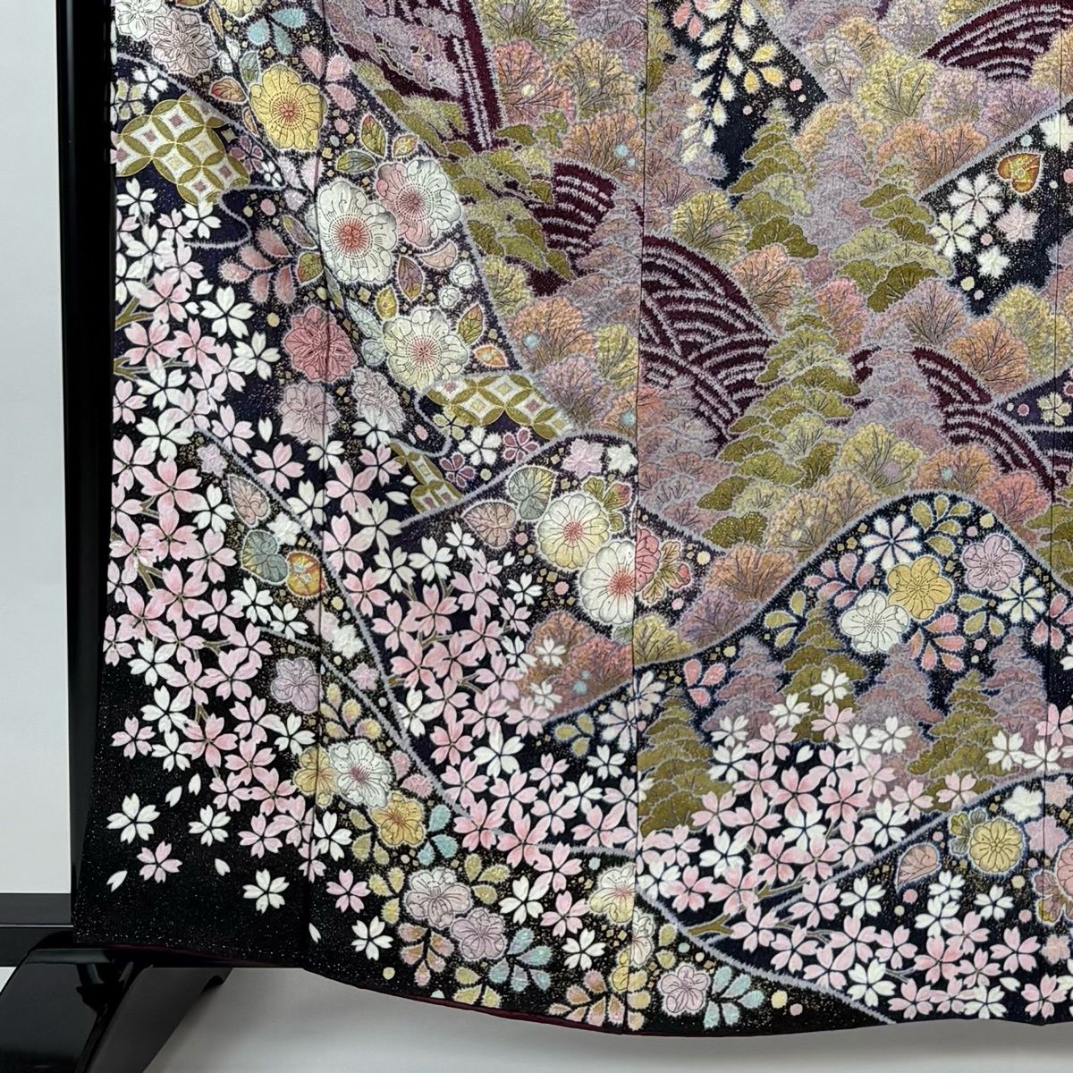 振袖 身丈164 cm 裄丈67.5 L 袷 翠山工房 落款 辻が花 桜 銀通し 金彩 黒 正絹
