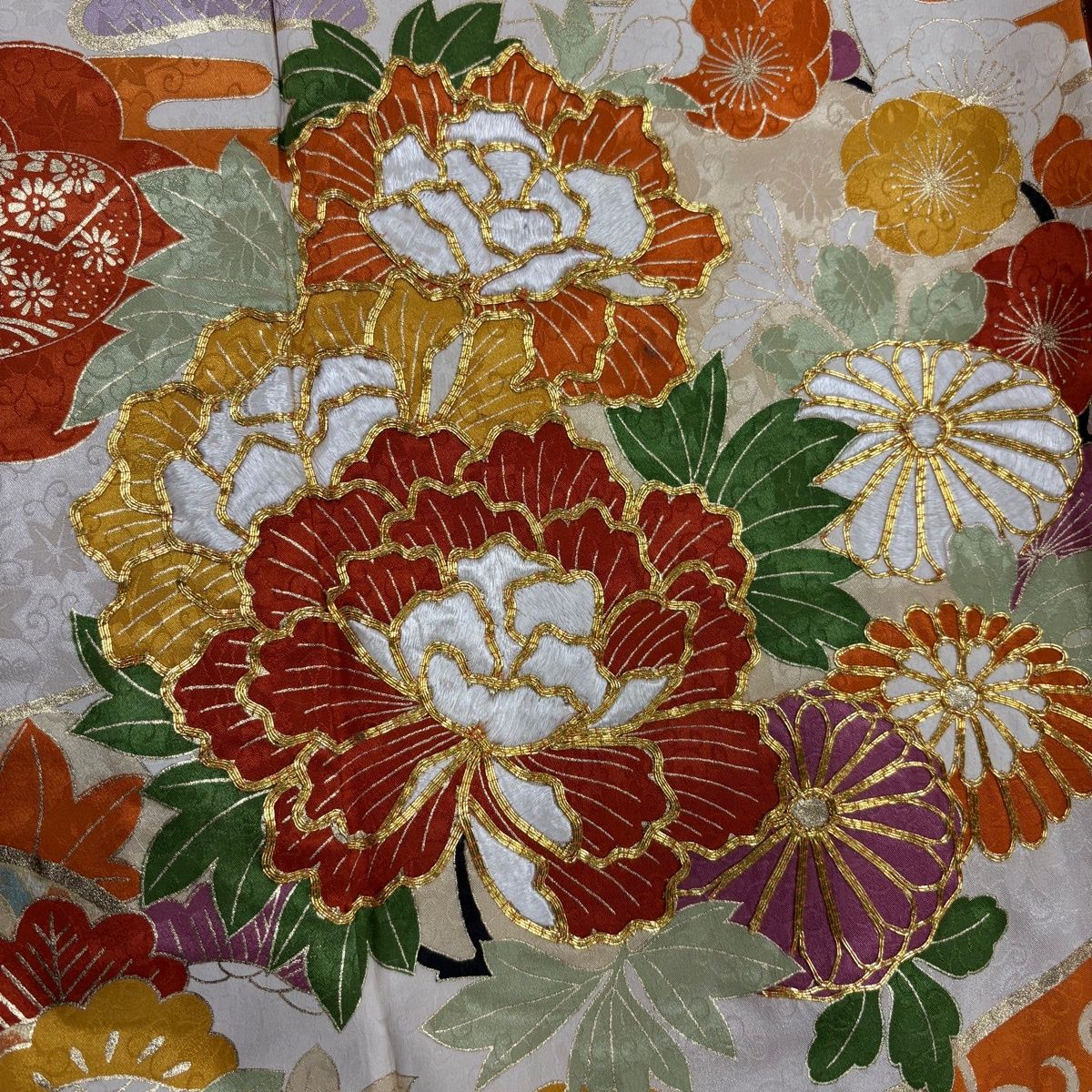  振袖 身丈160.5 cm 裄丈61 S 袷 牡丹 菊 刺繍 金糸 オレンジ 正絹 秀品 振袖 着物