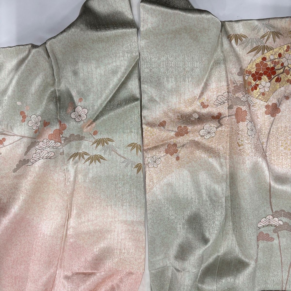  訪問着 身丈163.5 cm 裄丈66 M 袷 扇面 松竹梅 金糸 金彩 薄緑 正絹 秀品 訪問着 付け下げ 着物