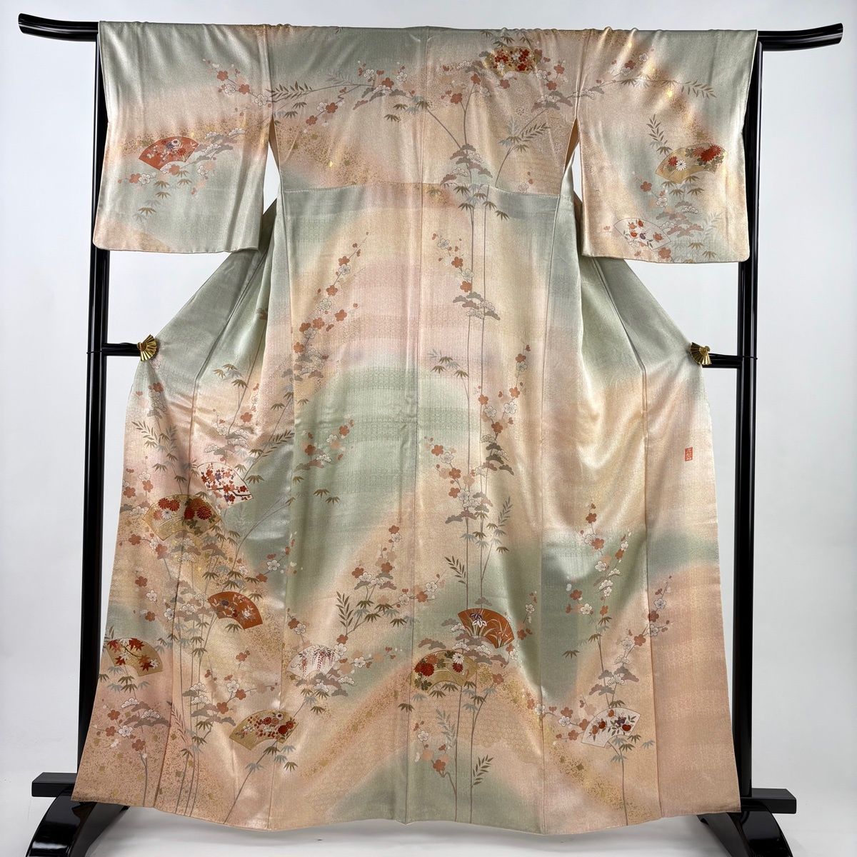 訪問着 身丈163.5 cm 裄丈66 M 袷 扇面 松竹梅 金糸 金彩 薄緑 正絹 秀品