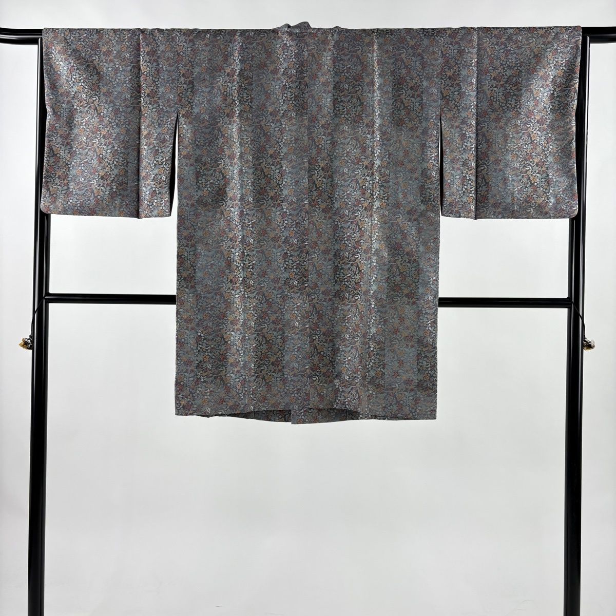 道中着 身丈94 cm 裄丈65 M 和装コート 萩 草花 青灰色 正絹 秀品