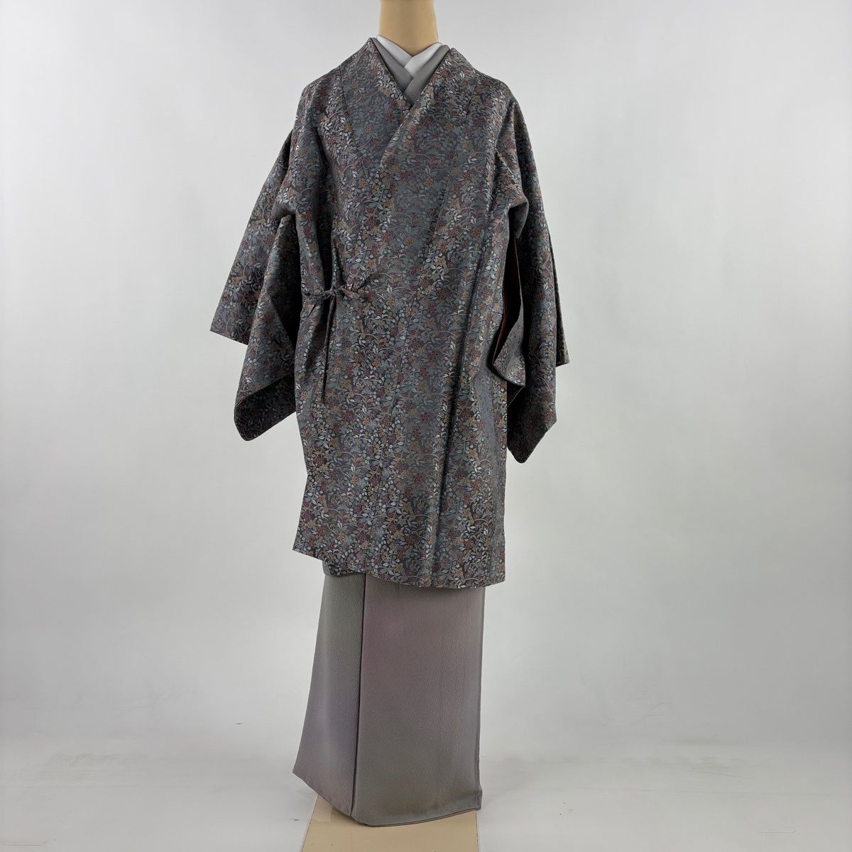 道中着 身丈94 cm 裄丈65 M 和装コート 萩 草花 青灰色 正絹 秀品
