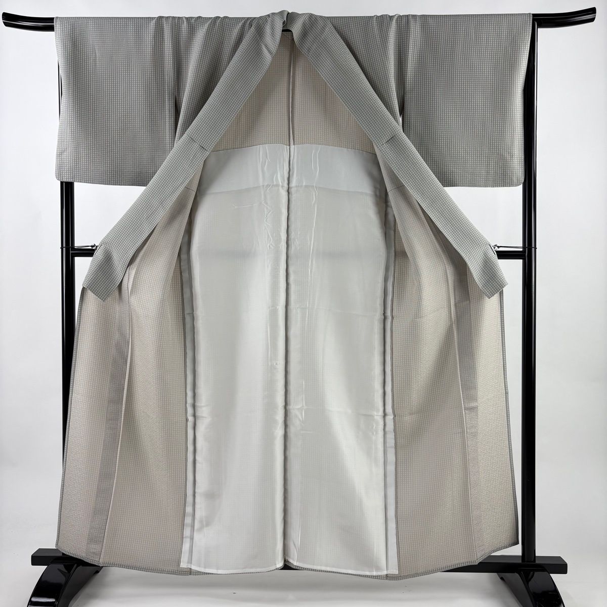  小紋 身丈157.5 cm 裄丈66.5 M 単衣 格子 灰緑 正絹 秀品 小紋 着物