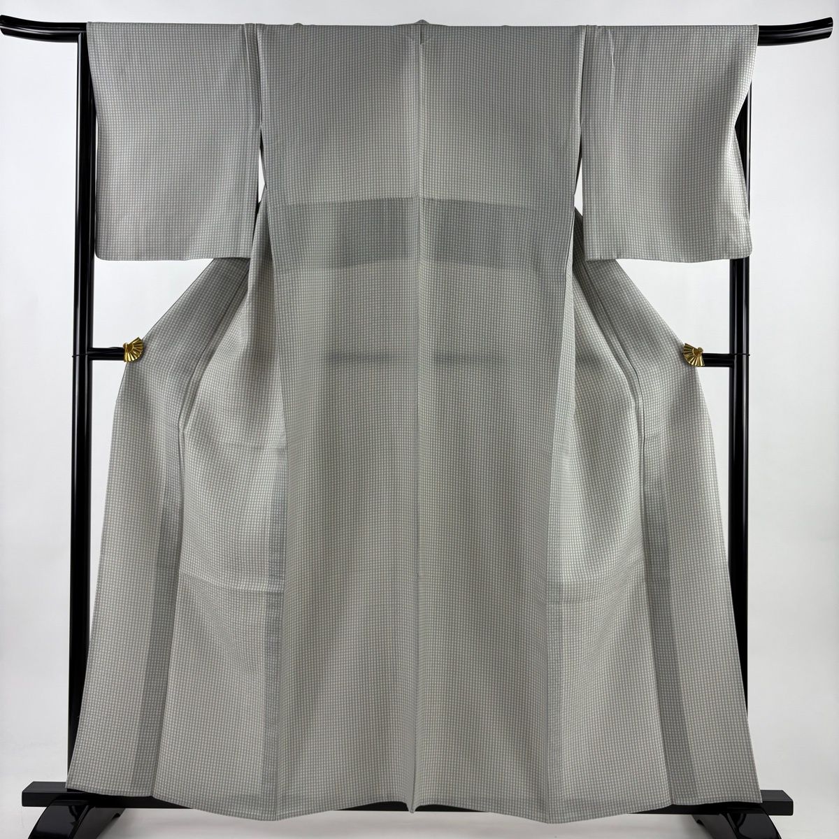 小紋 身丈157 5 cm 裄丈66 M 単衣 格子 灰緑 正絹 秀品