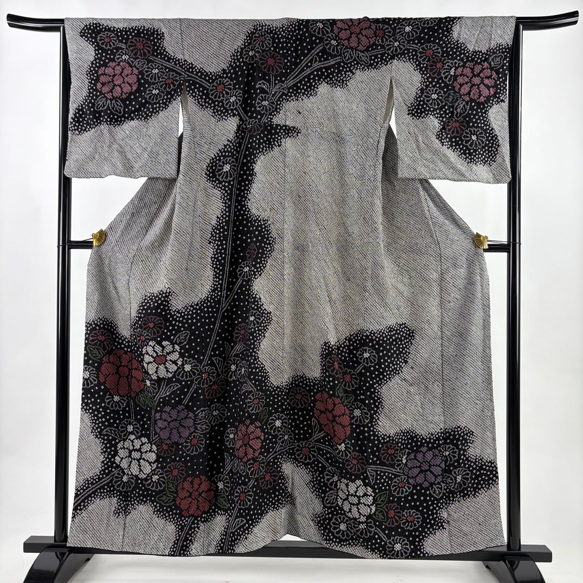 訪問着 身丈155 cm 裄丈65 M 袷 菊 絞り 黒灰 正絹 秀品
