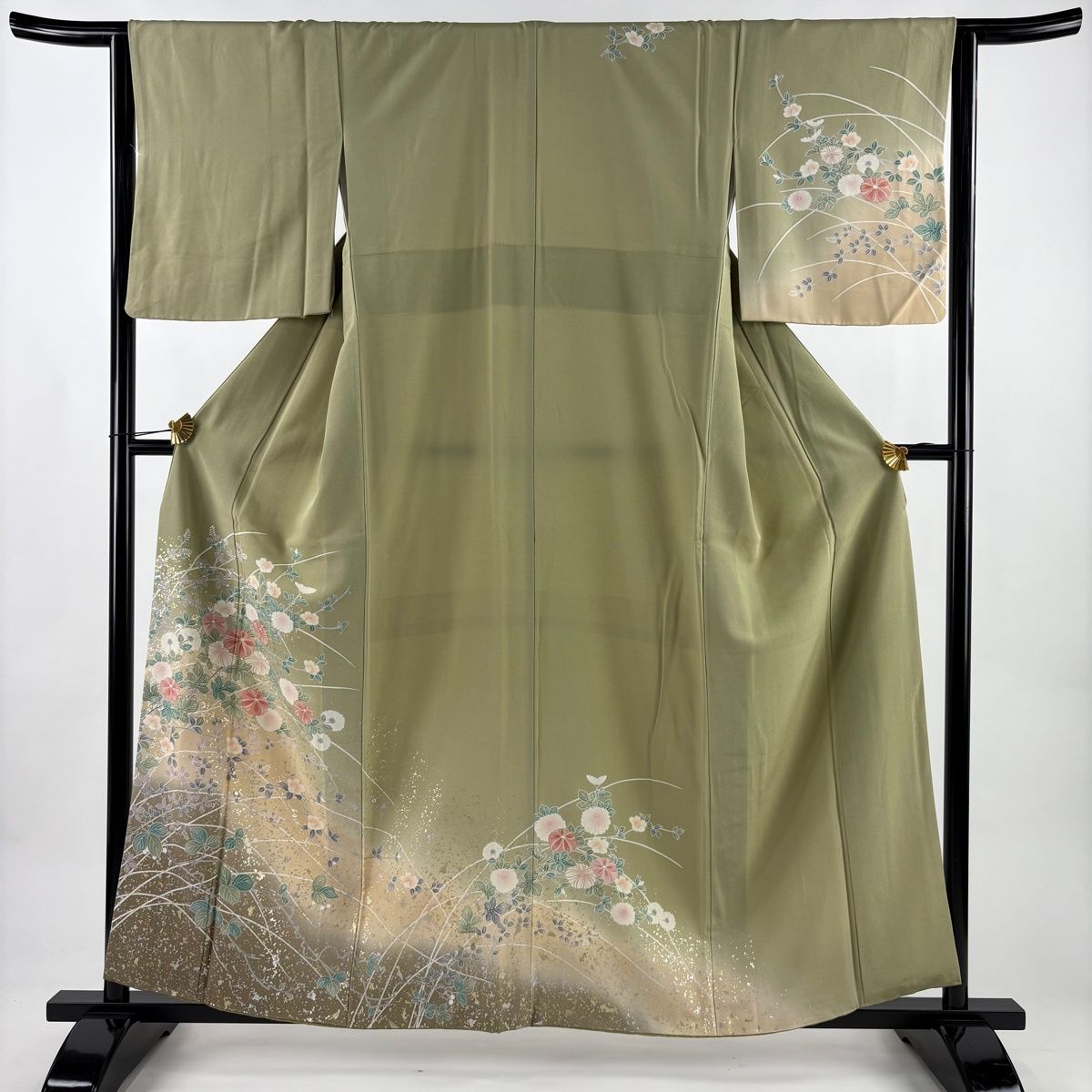 訪問着 身丈158 cm 裄丈63 5 S 袷 菊 椿 金銀彩 ぼかし 灰緑 正絹 秀品