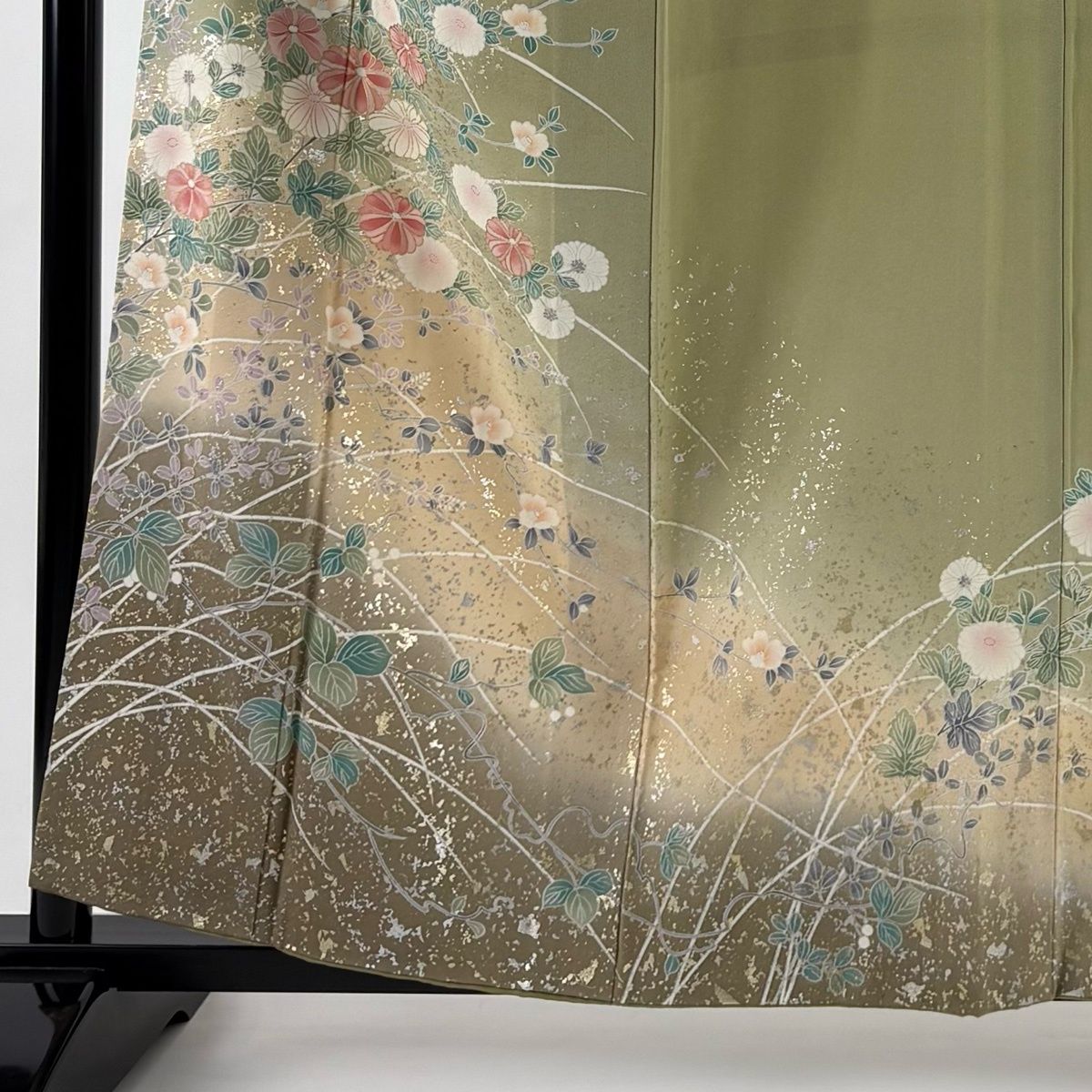訪問着 身丈158 cm 裄丈63.5 S 袷 菊 椿 金銀彩 ぼかし 灰緑 正絹 秀品