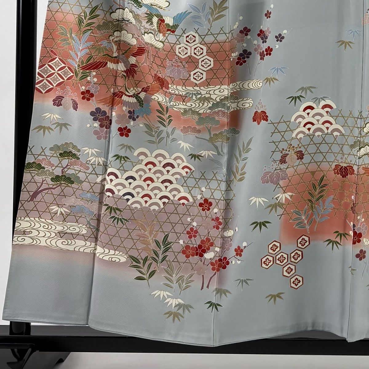 訪問着 身丈155.5 cm 裄丈64 M 袷 松竹梅 鶴 金彩 ぼかし 水色 正絹 秀品