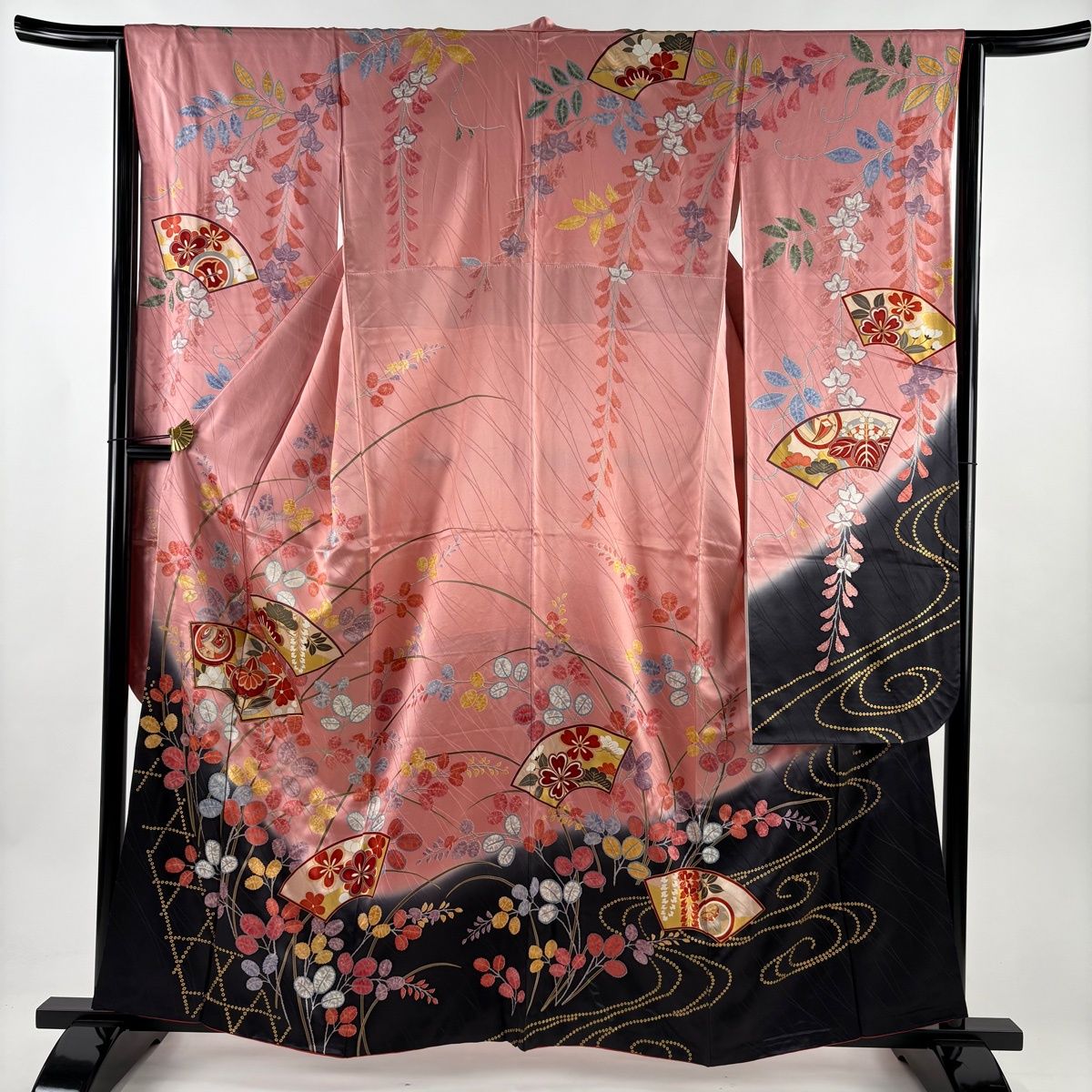 振袖 身丈160 cm 裄丈65 M 袷 扇面 松梅 金糸 金彩 ピンク 正絹 秀品