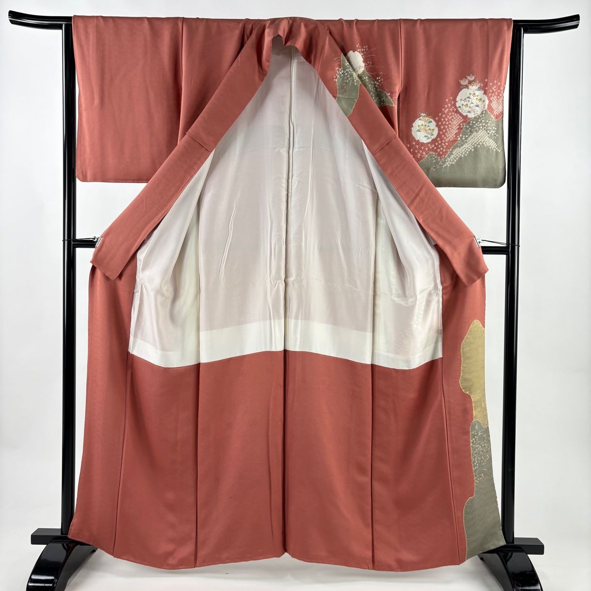  訪問着 身丈160 5 cm 裄丈64 M 袷 山並み 橘 絞り 金銀彩 小豆色 正絹 秀品 訪問着 付け下げ 着物