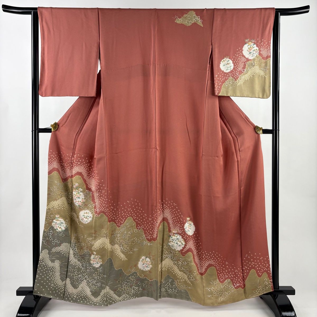 訪問着 身丈160 5 cm 裄丈64 M 袷 山並み 橘 絞り 金銀彩 小豆色 正絹 秀品