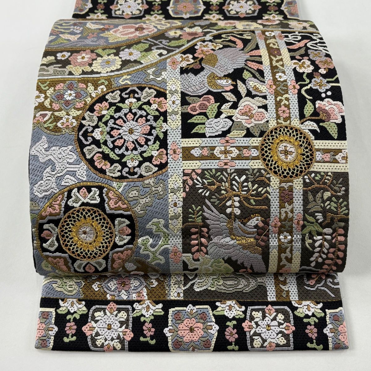 美品】 袋帯 逸品 華文 鳥 絽刺し 金銀糸 黒 全通 正絹 【中古