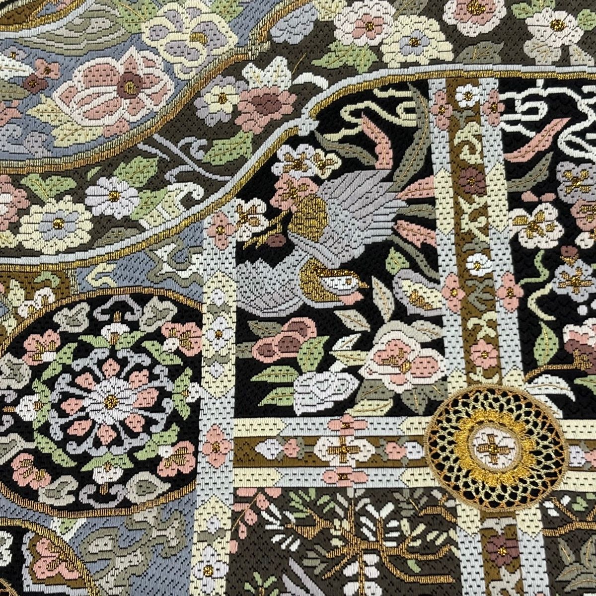 袋帯 華文 鳥 絽刺し 金銀糸 黒 全通 正絹