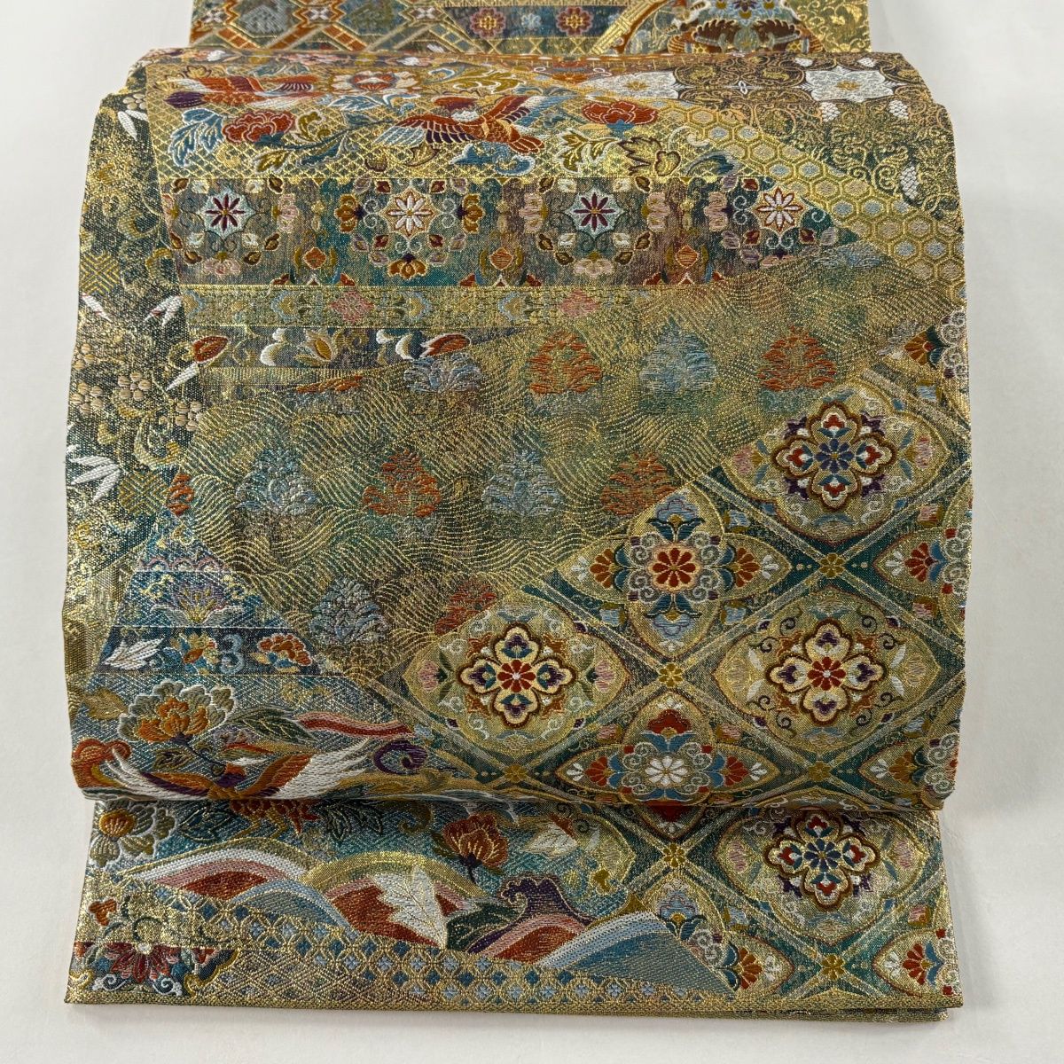 袋帯 狩猟文 有栖川文 金糸 箔 茶緑色 六通 正絹