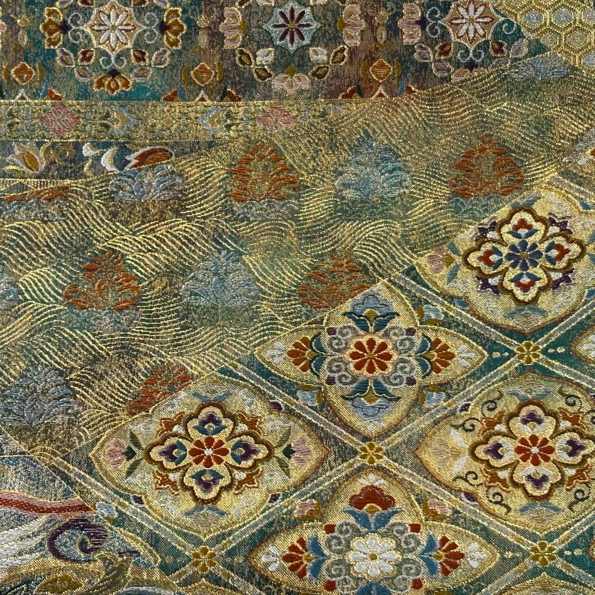 袋帯 狩猟文 有栖川文 金糸 箔 茶緑色 六通 正絹