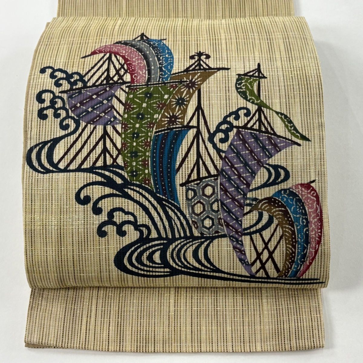 袋名古屋帯 証紙 帆 波 琉球紅型 ベージュ 正絹