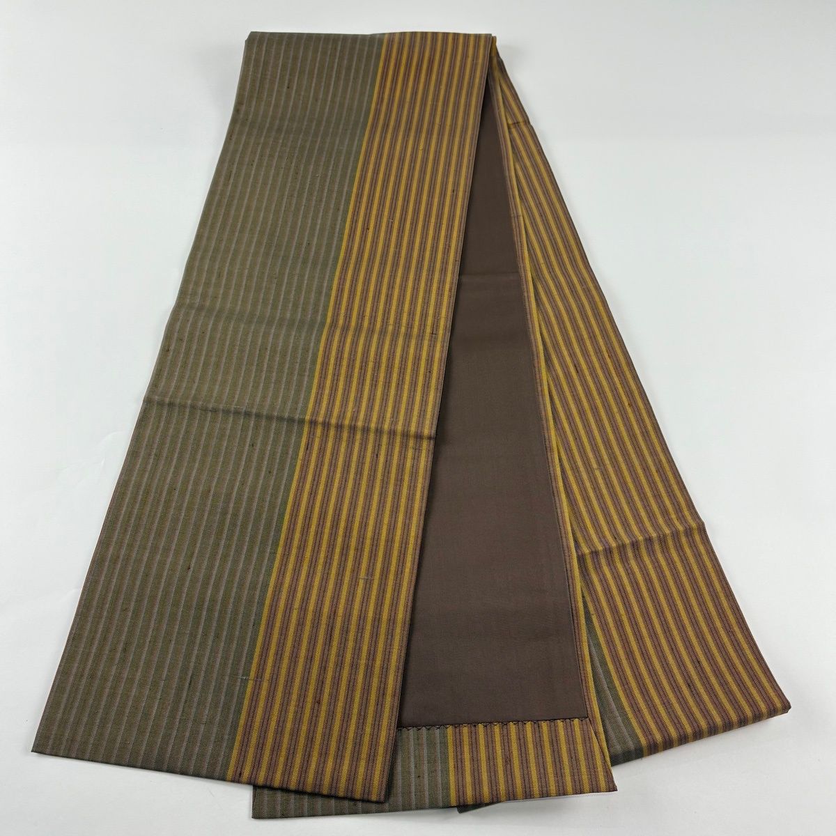  開き名古屋帯 証紙 黄八丈 縞 茶緑色 正絹 名古屋帯 帯