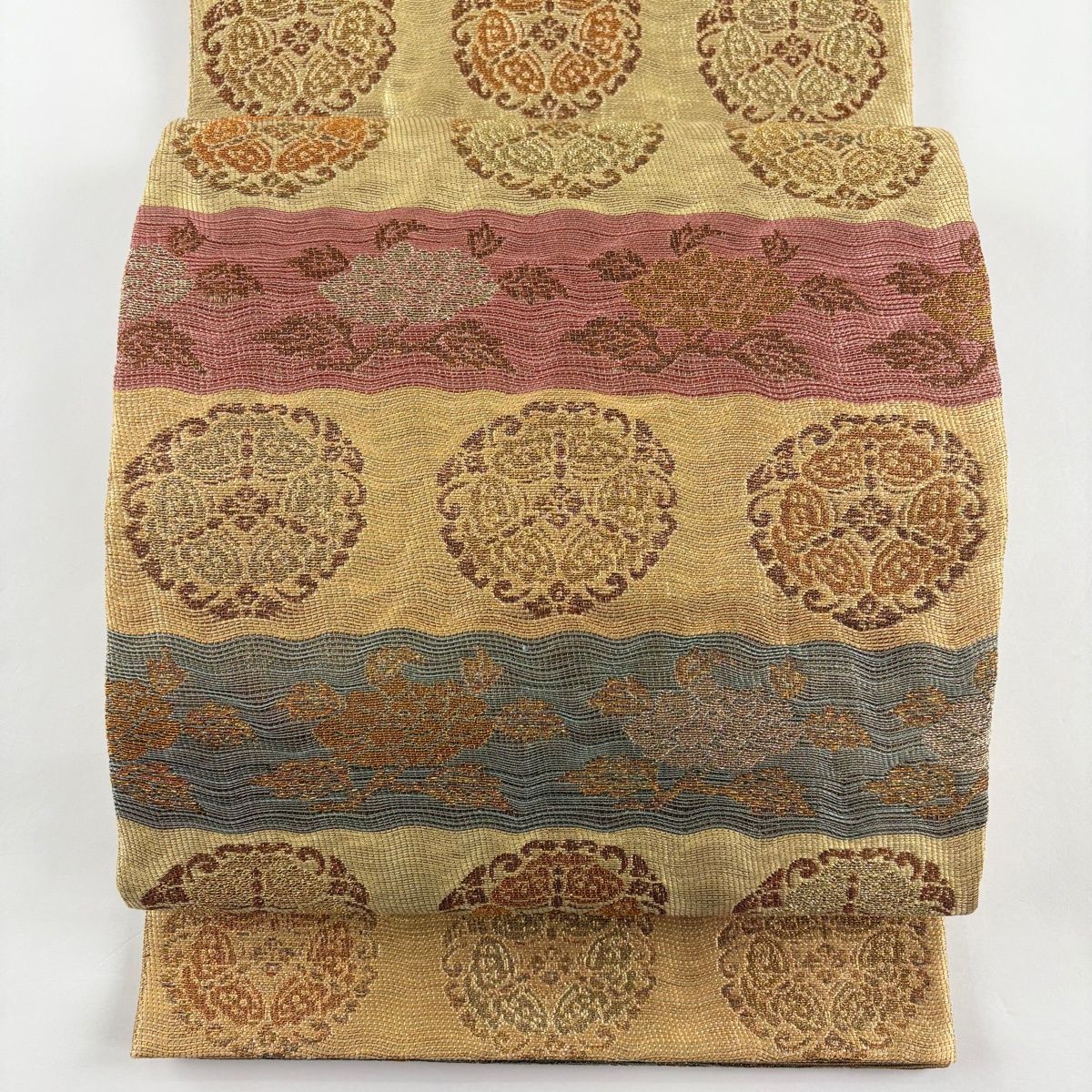 袋帯 紋屋井関 落款 御寮織 華文 草花 箔 金糸 ベージュ 六通 正絹