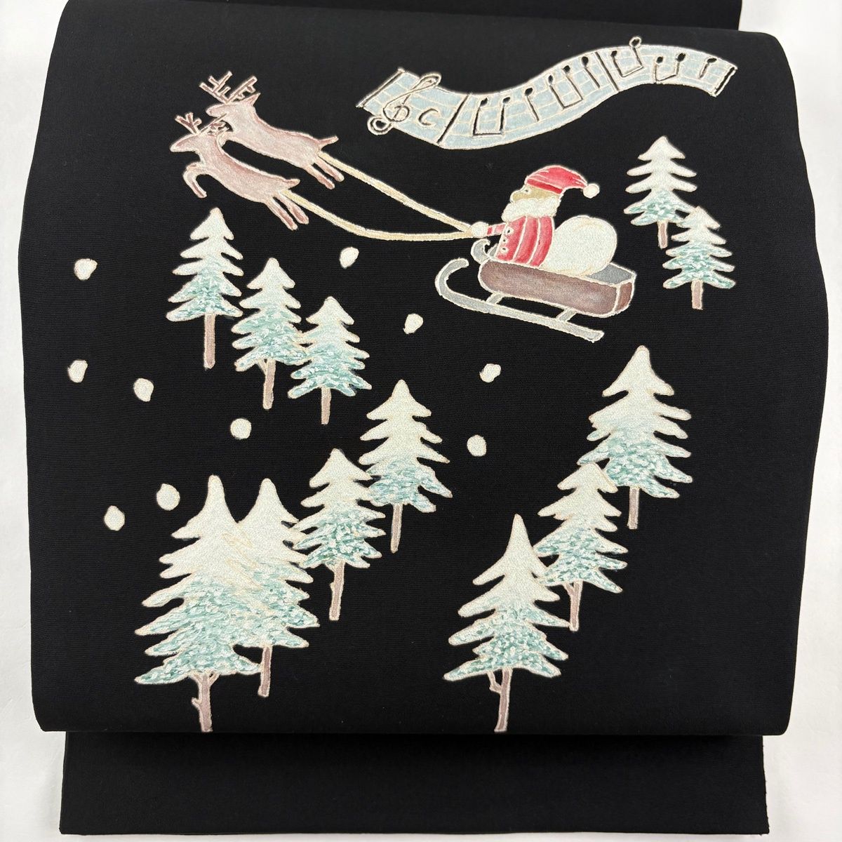 開き名古屋帯 落款 サンタクロース もみの木 黒 正絹