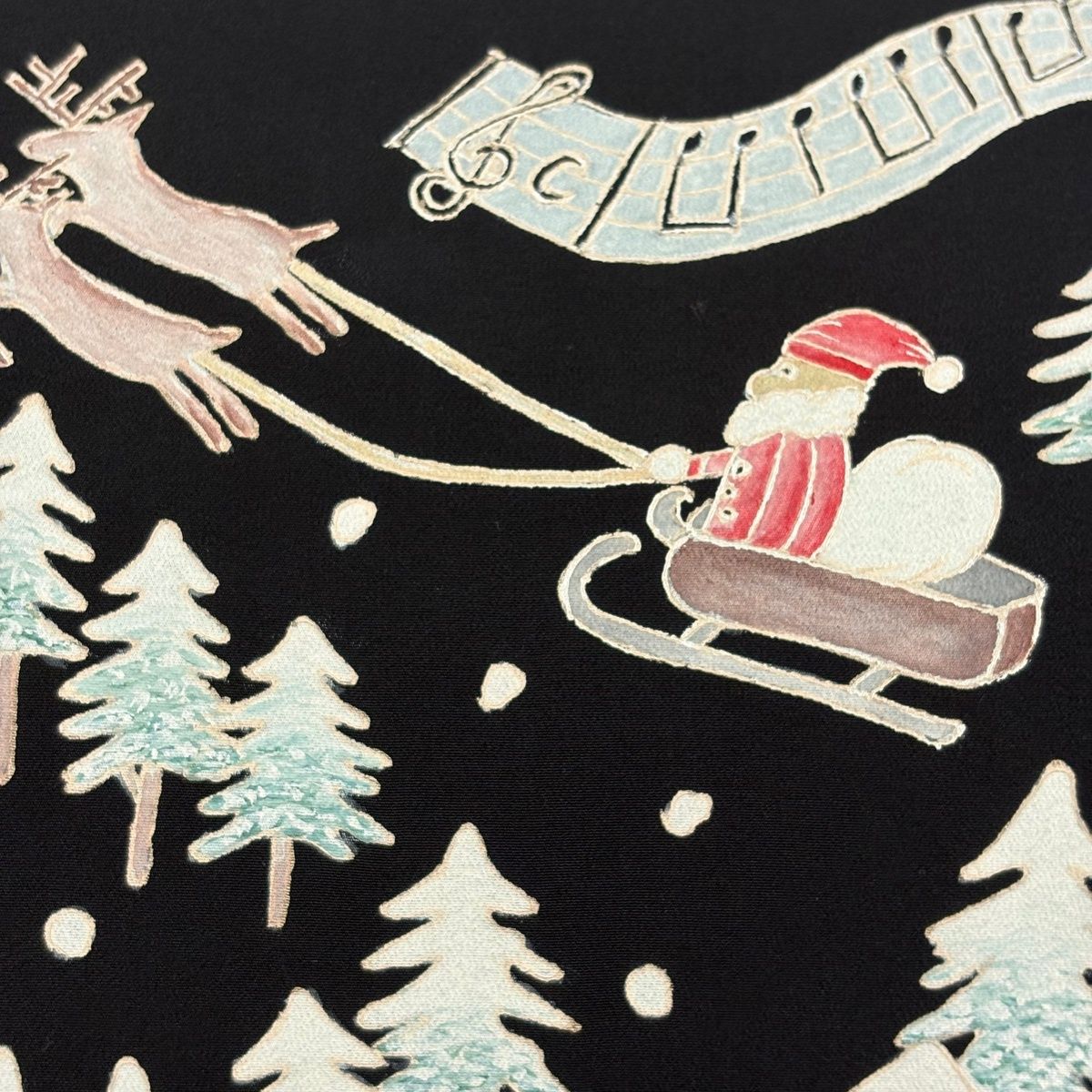 開き名古屋帯 落款 サンタクロース もみの木 黒 正絹