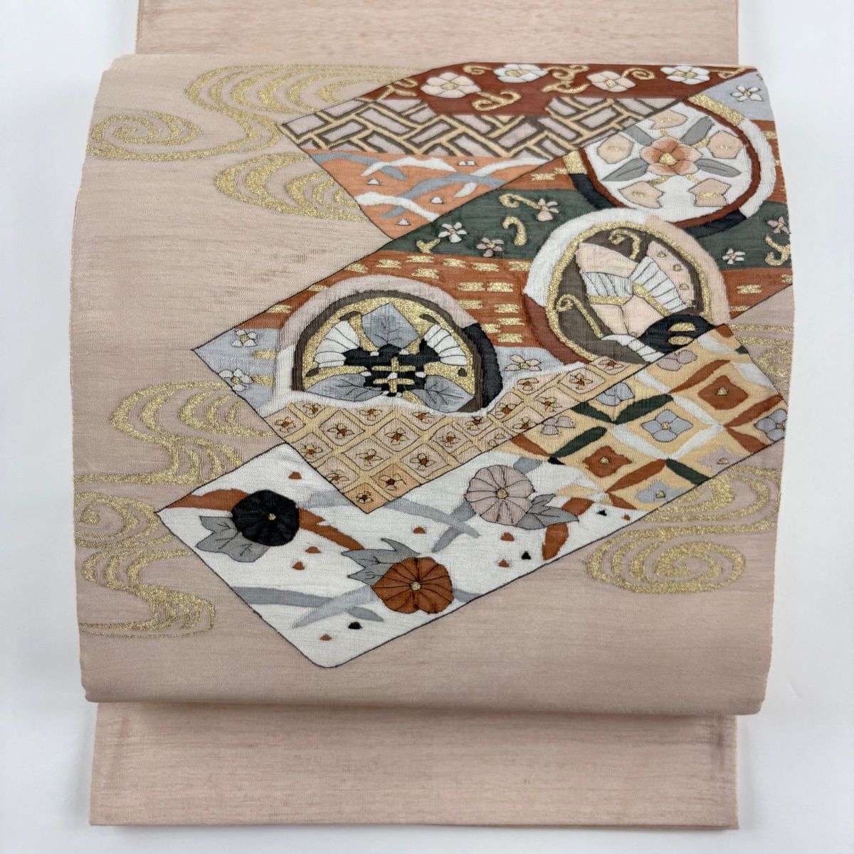 袋帯 丸文 短冊 金糸 薄茶色 お太鼓柄 正絹