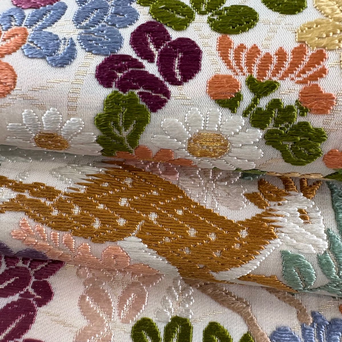  袋帯 遊鹿草花文 唐織 金糸 灰白 六通 正絹 袋帯 帯