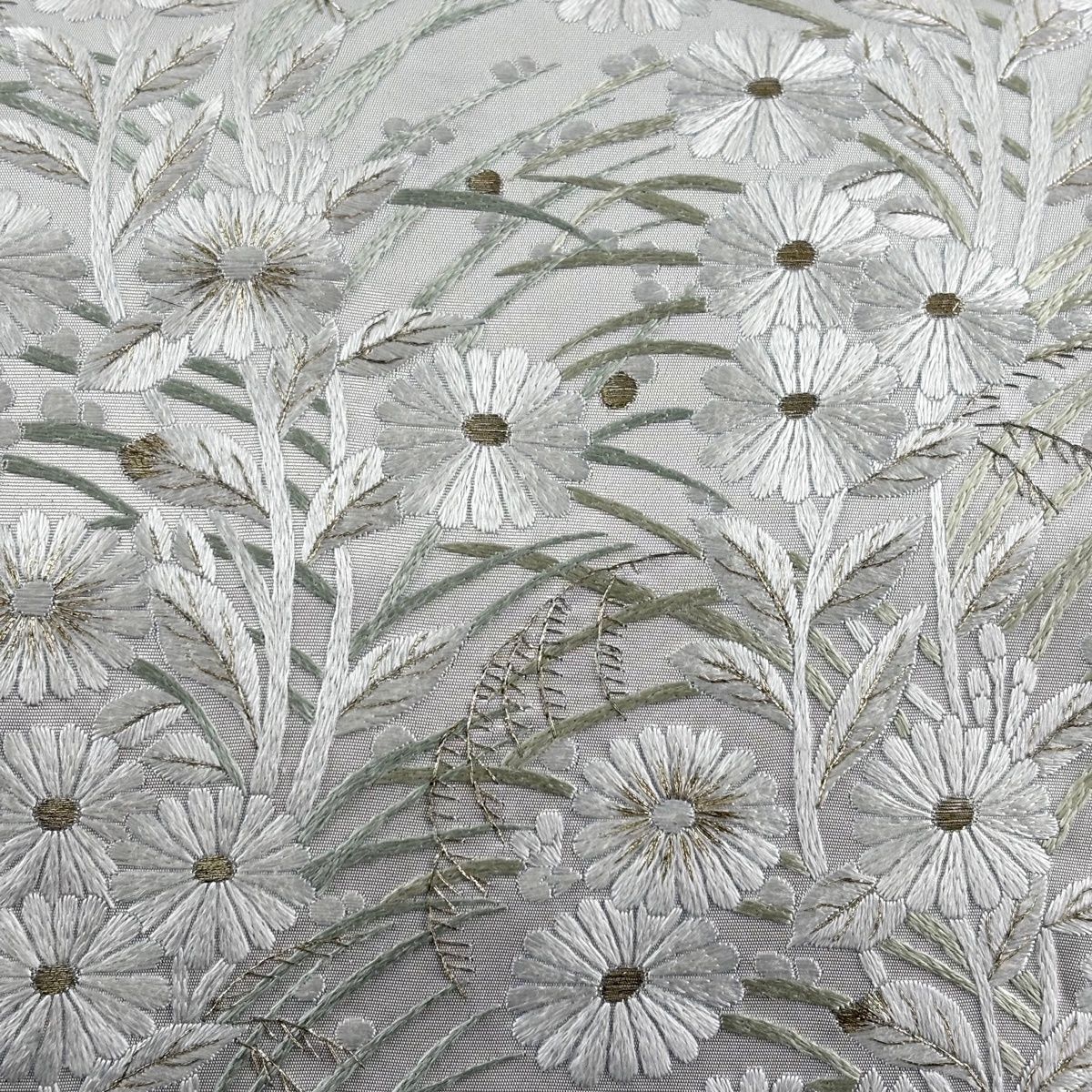 袋帯 菊 ススキ 刺繍 金糸 灰白 六通 正絹