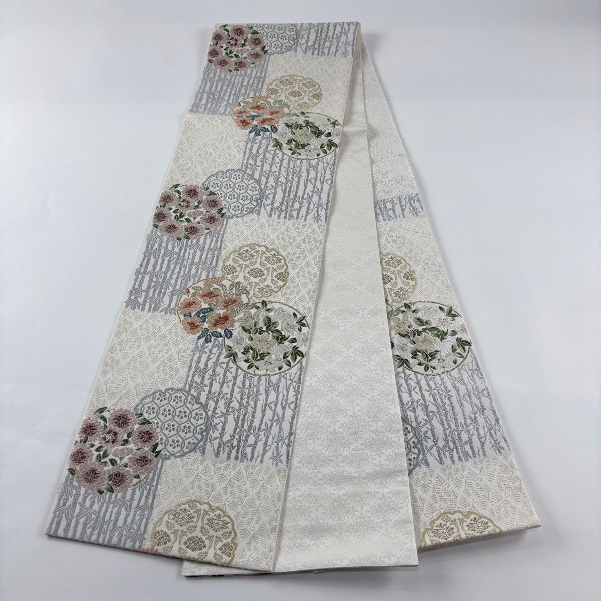  袋帯 落款 中村海造 やまと 草花 竹 金銀糸 唐織 クリーム 六通 正絹 袋帯 帯