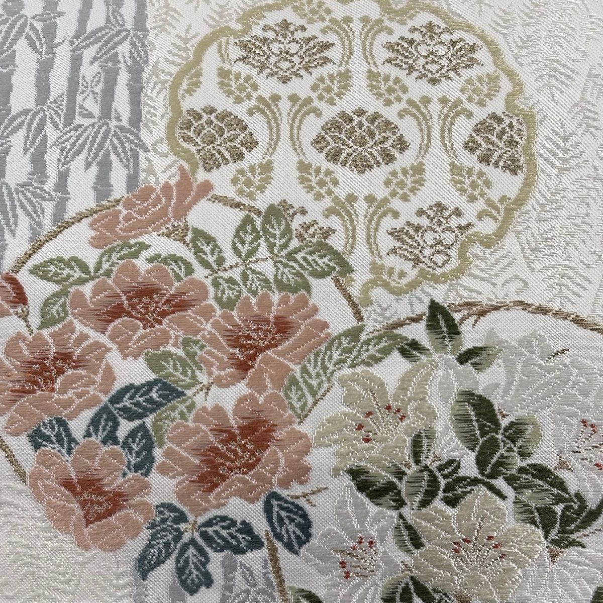 袋帯 落款 中村海造 やまと 草花 竹 金銀糸 唐織 クリーム 六通 正絹